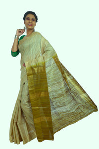 Natural Beige Ghicha Tussar Silk Saree with Green Pallav-Tussar Saree-parinitasarees