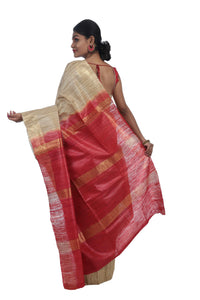 Natural Beige Ghicha Tussar Silk Saree with Red Pallav-Tussar Saree-parinitasarees