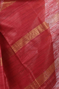 Natural Beige Ghicha Tussar Silk Saree with Red Pallav-Tussar Saree-parinitasarees