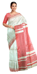 Natural Beige Ghicha Tussar Silk Saree with Red Stripes-Tussar Saree-parinitasarees