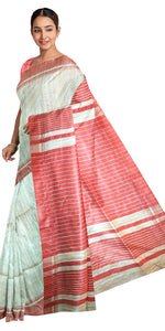 Natural Beige Ghicha Tussar Silk Saree with Red Stripes-Tussar Saree-parinitasarees