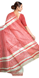 Natural Beige Ghicha Tussar Silk Saree with Red Stripes-Tussar Saree-parinitasarees