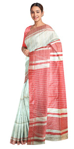 Natural Beige Ghicha Tussar Silk Saree with Red Stripes-Tussar Saree-parinitasarees