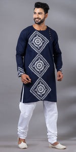 Navy Blue Cotton Panjabi with Floral Kantha Embroidery-Men's Kurtas-parinitasarees