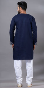 Navy Blue Cotton Panjabi with Floral Kantha Embroidery-Men's Kurtas-parinitasarees