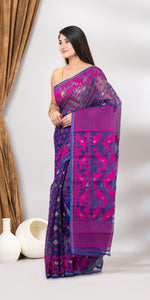 Navy Blue Dhakai Jamdani with Floral Motifs-Jamdani saree-parinitasarees