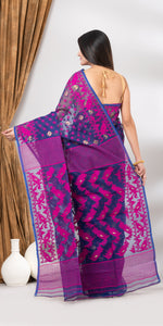 Navy Blue Dhakai Jamdani with Floral Motifs-Jamdani saree-parinitasarees