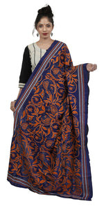 Navy Blue Pure Silk Kantha Dupatta with Floral Motifs-Dupattas-parinitasarees