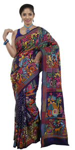 Navy Blue Pure Silk Kantha Saree with Exquisite Pallav-Kantha saree-parinitasarees