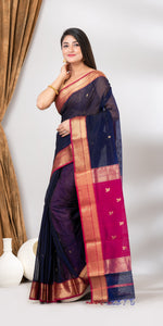 Navy blue Maheshwari Saree with Floral Motifs-Maheshwari Saree-parinitasarees