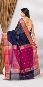 Navy blue Maheshwari Saree with Floral Motifs-Maheshwari Saree-parinitasarees