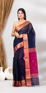 Navy blue Maheshwari Saree with Floral Motifs-Maheshwari Saree-parinitasarees