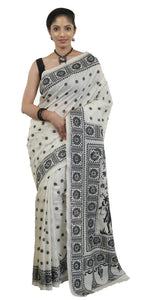Off-white Tussar Silk Kantha Saree with Village Theme-Kantha saree-parinitasarees