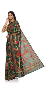 Olive Green Kantha Embroidered Art-Silk Saree-Kantha saree-parinitasarees