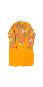 Orange Cotton Panjabi with Floral Kantha Embroidery-XXL-Men's Kurtas-parinitasarees