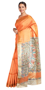 Orange Madhubani Painted Bapta Tussar Silk Saree-Tussar Saree-parinitasarees