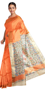 Orange Madhubani Painted Bapta Tussar Silk Saree-Tussar Saree-parinitasarees