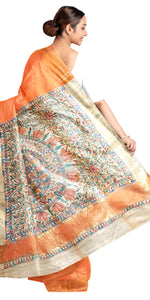 Orange Madhubani Painted Bapta Tussar Silk Saree-Tussar Saree-parinitasarees
