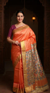 Orange Madhubani Painted Bapta Tussar Silk Saree-Tussar Saree-parinitasarees