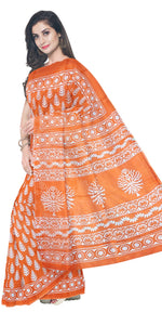 Orange Mul Cotton Saree with Floral Block Prints-Mul Cotton-parinitasarees