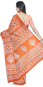 Orange Mul Cotton Saree with Floral Block Prints-Mul Cotton-parinitasarees
