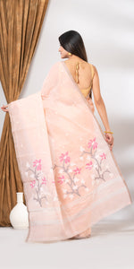 Peach Cotton Jamdani with Floral Motifs-Jamdani saree-parinitasarees