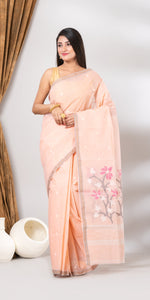 Peach Cotton Jamdani with Floral Motifs-Jamdani saree-parinitasarees