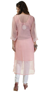 Peach Georgette Chikankari Kurti with Floral Motifs-Women's Chikankari Kurti-parinitasarees