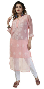 Peach Georgette Chikankari Kurti with Floral Motifs-Women's Chikankari Kurti-parinitasarees