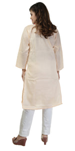 Peach Handspun Cotton Chikankari Kurti with Floral Motifs-Women's Chikankari Kurti-parinitasarees