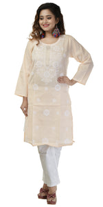 Peach Handspun Cotton Chikankari Kurti with Floral Motifs-Women's Chikankari Kurti-parinitasarees