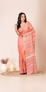 Peach Khes Kantha Saree with Floral Patterns-Kantha saree-parinitasarees
