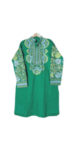 Pear Green Cotton Panjabi with Floral Kantha Embroidery- L-Men's Kurtas-parinitasarees