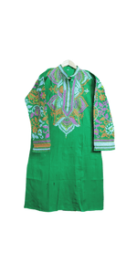 Pear Green Cotton Panjabi with Floral Kantha Embroidery- XL-Men's Kurtas-parinitasarees