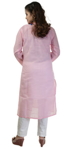 Pink Cotton Chikankari Kurti with Floral Motifs-Women's Chikankari Kurti-parinitasarees