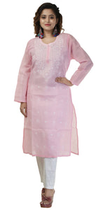 Pink Cotton Chikankari Kurti with Floral Motifs-Women's Chikankari Kurti-parinitasarees