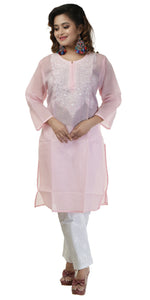 Pink Cotton Chikankari Kurti with Paisley Motifs-Women's Chikankari Kurti-parinitasarees