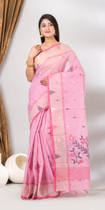 Pink Cotton Jamdani with Floral Motifs-Jamdani saree-parinitasarees