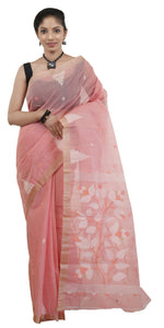 Pink Cotton Jamdani with Geometric Motifs-Jamdani saree-parinitasarees