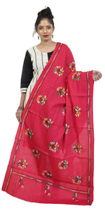 Pink Cotton Kantha Dupatta with Floral Motifs-Dupattas-parinitasarees