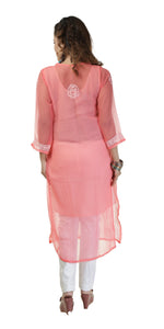 Pink Georgette Chikankari Kurti with Floral Motifs-Women's Chikankari Kurti-parinitasarees