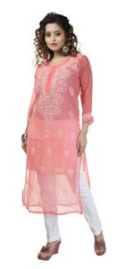 Pink Georgette Chikankari Kurti with Floral Motifs-Women's Chikankari Kurti-parinitasarees