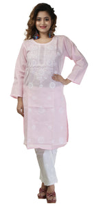 Pink Handspun Cotton Chikankari Kurti with Paisley Motifs-Women's Chikankari Kurti-parinitasarees