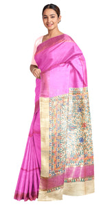 Pink Madhubani Painted Bapta Tussar Silk Saree-Tussar Saree-parinitasarees