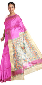 Pink Madhubani Painted Bapta Tussar Silk Saree-Tussar Saree-parinitasarees