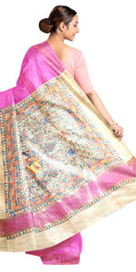 Pink Madhubani Painted Bapta Tussar Silk Saree-Tussar Saree-parinitasarees