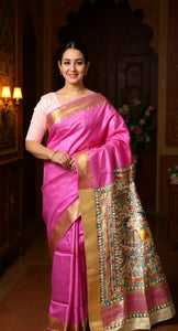 Pink Madhubani Painted Bapta Tussar Silk Saree-Tussar Saree-parinitasarees