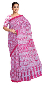 Pink Mul Cotton Saree with Traditional Block Prints-Mul Cotton-parinitasarees