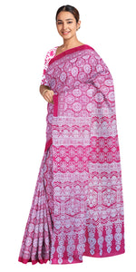 Pink Mul Cotton Saree with Traditional Block Prints-Mul Cotton-parinitasarees