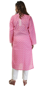 Pink Printed Cotton Chikankari Kurti with Floral Motifs-Women's Chikankari Kurti-parinitasarees